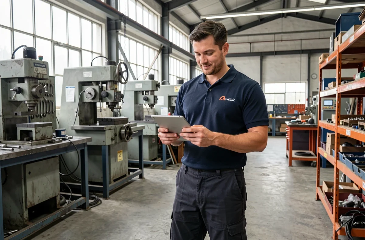 Technicien spécialisé en atelier industriel consultant sa tablette après une formation courte et qualifiante