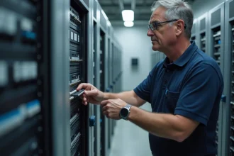 Technicien informatique municipal inspectant un rack réseau dans une salle serveur de collectivité territoriale
