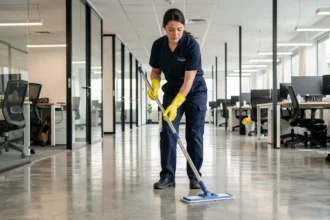 Technicienne de nettoyage professionnelle en uniforme effectuant l'entretien d'un couloir de bureau moderne