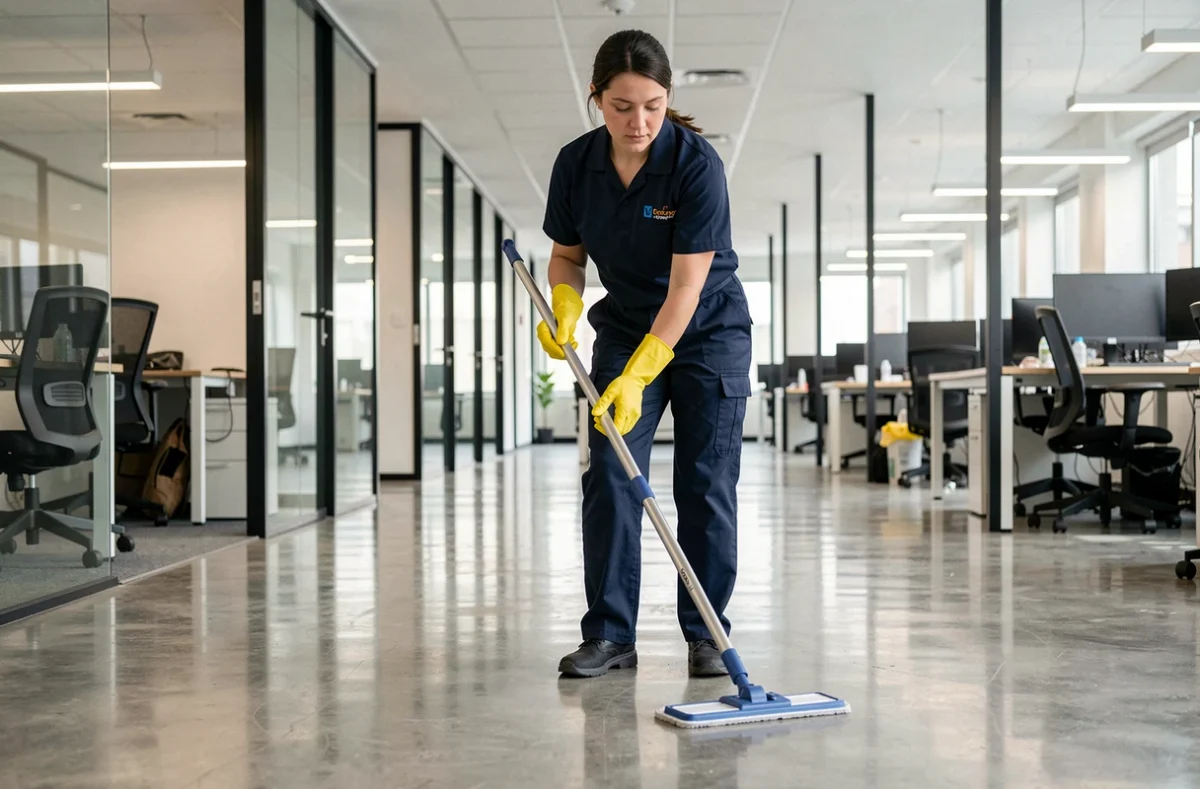Technicienne de nettoyage professionnelle en uniforme effectuant l'entretien d'un couloir de bureau moderne
