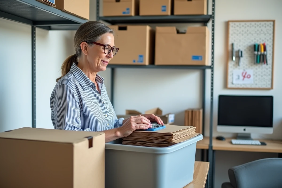 Femme debout à son poste de travail aménagé à domicile pour l'emballage de colis, dans une pièce dédiée avec étagères et matériel d'emballage organisé