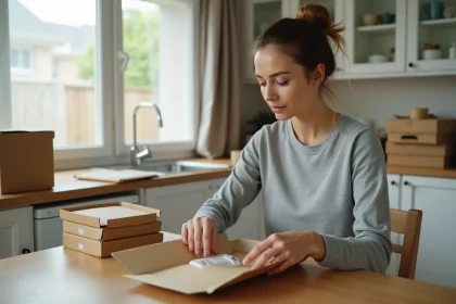 Femme travaillant à domicile en train d'emballer des colis sur une table de cuisine en bois, entourée de boîtes en carton et de matériaux d'emballage