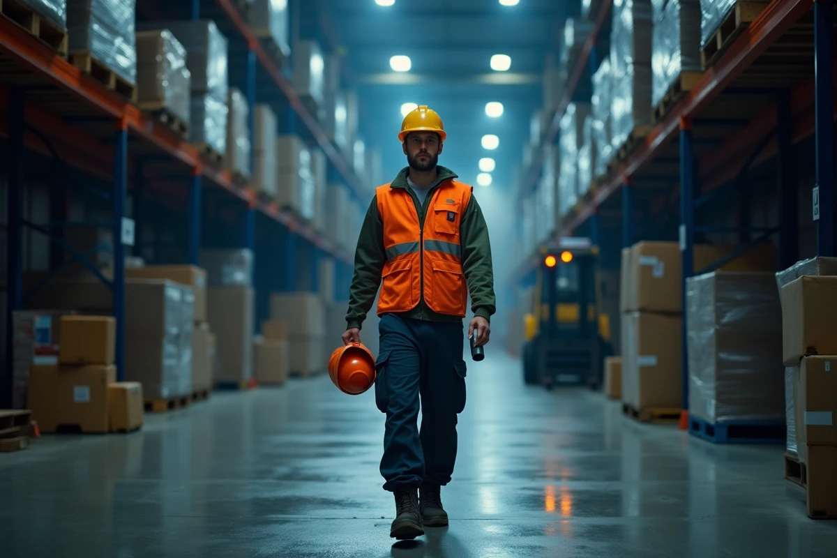 Travailleur de nuit en gilet haute visibilité traversant un couloir d'entrepôt industriel lors d'une rotation de poste de nuit en horaires 5x8