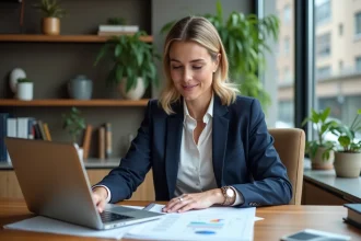 Travailleuse indépendante consultant un guide de protection sociale sur son ordinateur portable dans un bureau à domicile