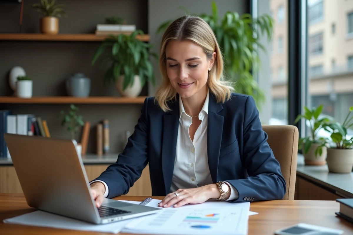 Travailleuse indépendante consultant un guide de protection sociale sur son ordinateur portable dans un bureau à domicile