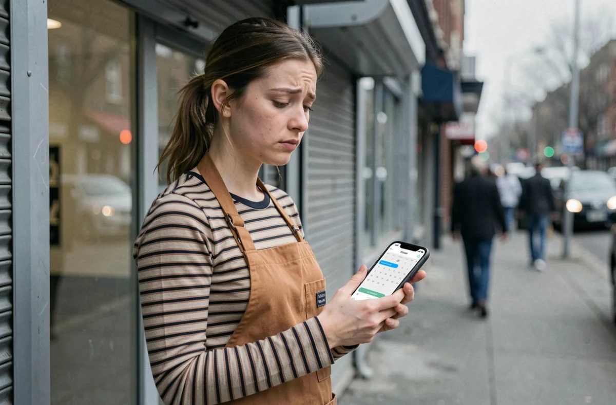 Jeune travailleuse à temps partiel dans le commerce consultant ses horaires irréguliers sur smartphone devant un magasin, illustration des abus d'horaires dans le secteur de la vente