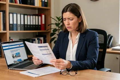 Femme examinant ses fiches de paie et documents Urssaf sur un bureau à domicile après un changement de statut professionnel