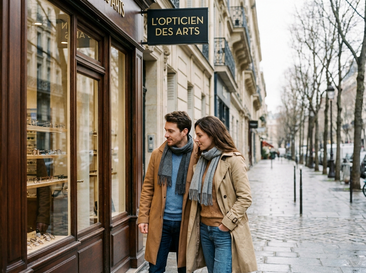 Couple regardant la vitrine d'un magasin d'optique indépendant dans une rue parisienne typique
