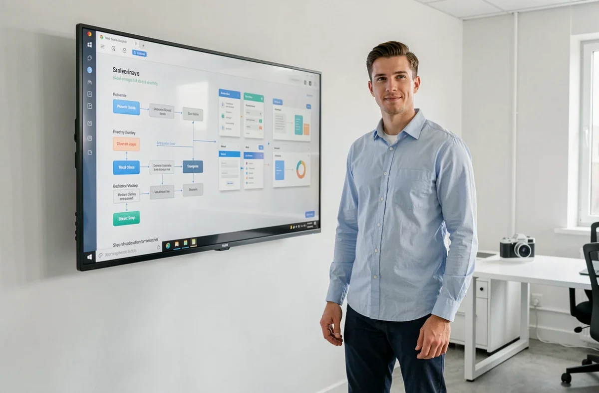Designer UX de l'agence ViziWeb dans l'Eure présentant une cartographie d'expérience utilisateur sur grand écran