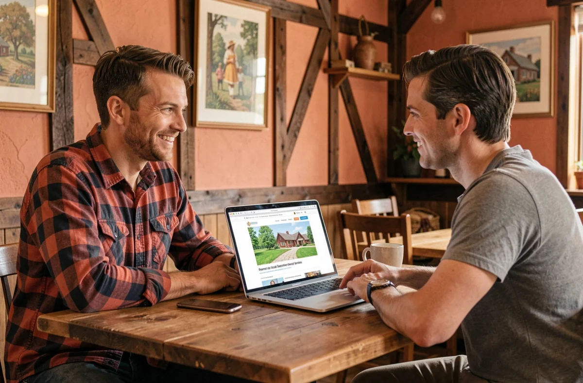 Consultant de l'agence Web Normand présentant un site internet local à un entrepreneur de l'Eure dans un cadre chaleureux