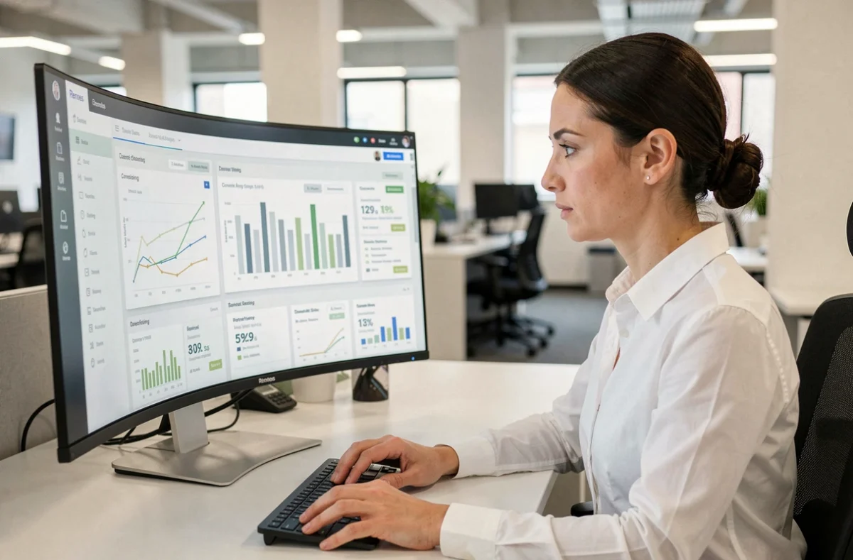 Experte en webmarketing analysant des données de trafic et de conversion sur un grand écran dans une agence à Rennes
