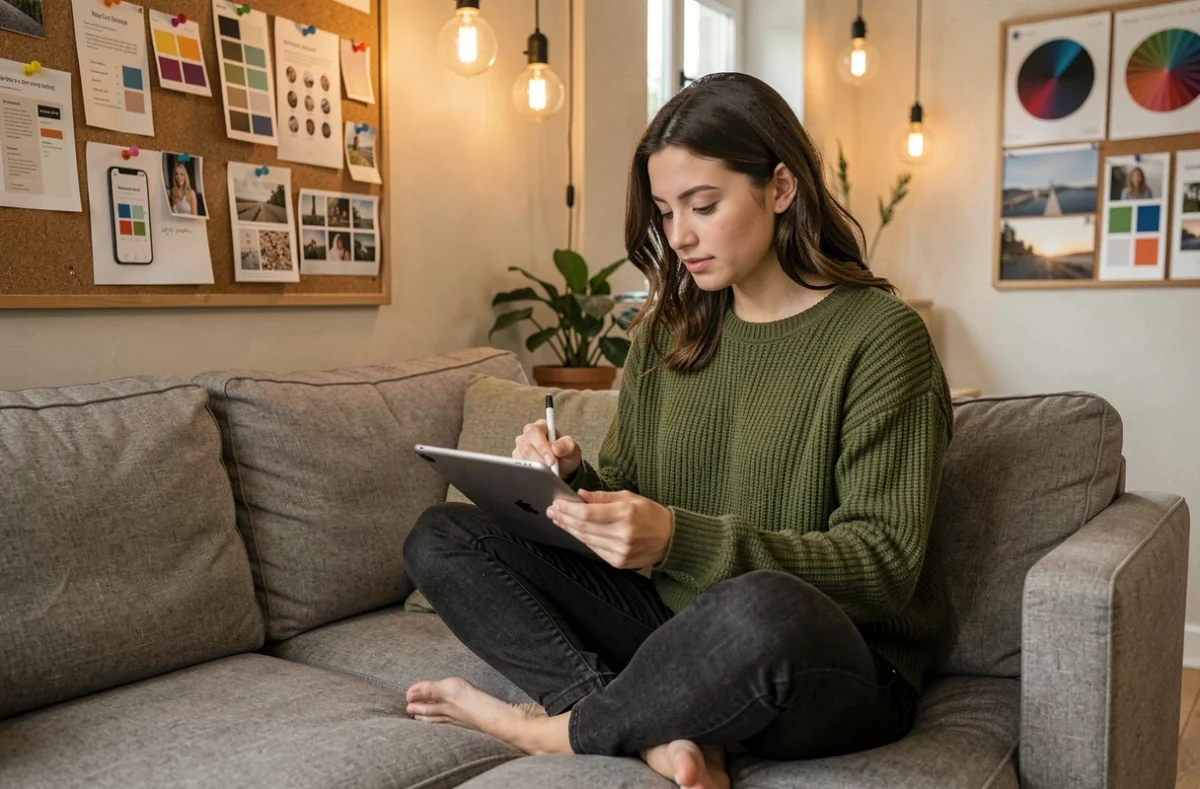 Designer de l'agence Zéro Neuf esquissant une maquette de site mobile dans un studio créatif décontracté